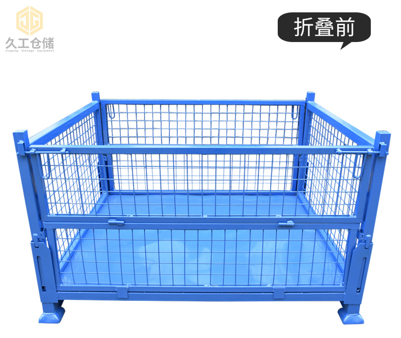 金属周转箱喷塑天蓝色铁皮箱，金属箱展示图，折叠存放便捷储存，南京周转箱厂家-久工仓储设备